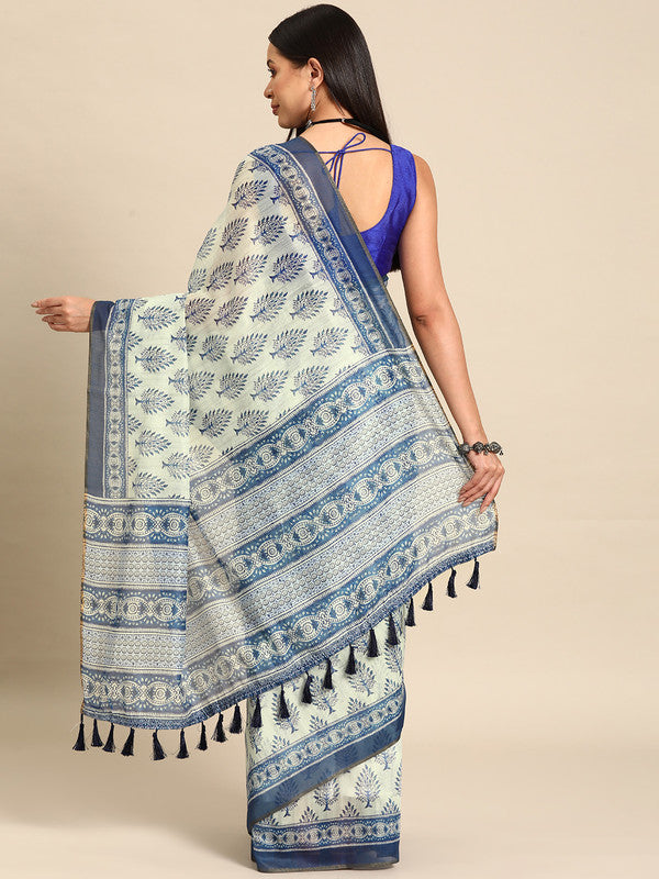 Blue Cotton Blend Printed Dabu Saree with Unstitched Blouse - Hiral Fashion