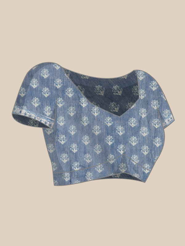 Blue Cotton Blend Printed Dabu Saree with Unstitched Blouse - Hiral Fashion