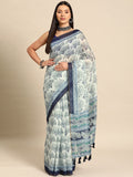 Blue Cotton Blend Printed Dabu Saree with Unstitched Blouse - Hiral Fashion