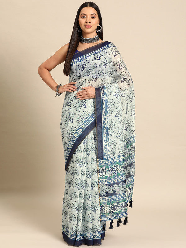 Blue Cotton Blend Printed Dabu Saree with Unstitched Blouse - Hiral Fashion