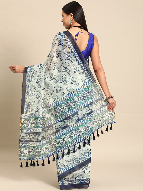 Blue Cotton Blend Printed Dabu Saree with Unstitched Blouse - Hiral Fashion