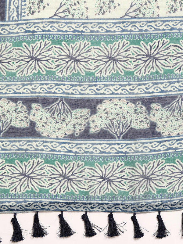 Blue Cotton Blend Printed Dabu Saree with Unstitched Blouse - Hiral Fashion