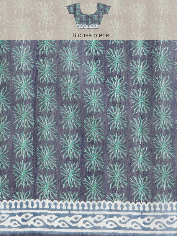 Blue Cotton Blend Printed Dabu Saree with Unstitched Blouse - Hiral Fashion