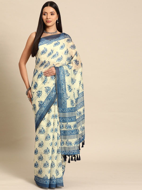 Blue Cotton Blend Printed Dabu Saree with Unstitched Blouse - Hiral Fashion