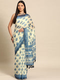 Blue Cotton Blend Printed Dabu Saree with Unstitched Blouse - Hiral Fashion