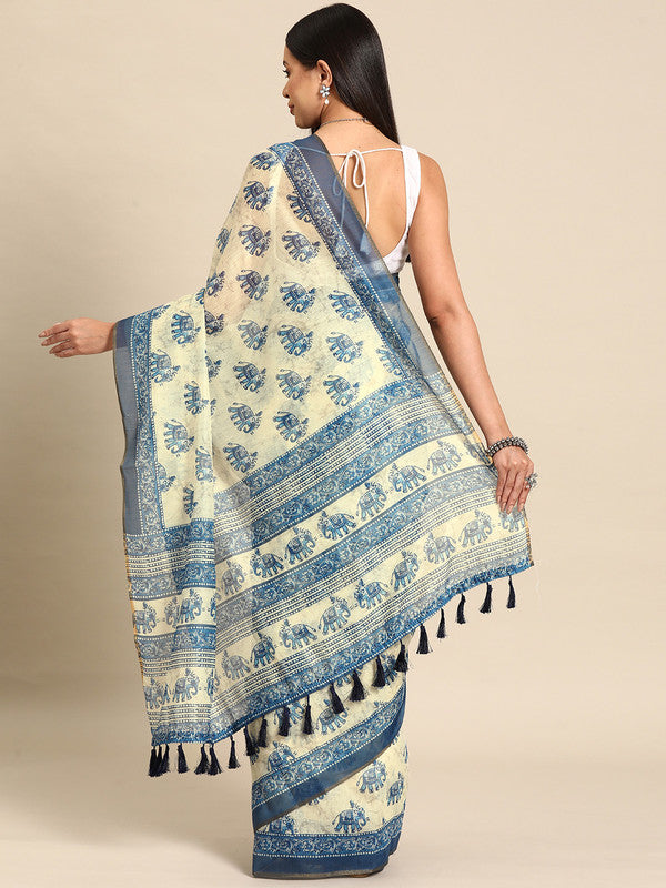 Blue Cotton Blend Printed Dabu Saree with Unstitched Blouse - Hiral Fashion