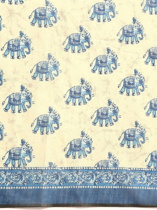 Blue Cotton Blend Printed Dabu Saree with Unstitched Blouse - Hiral Fashion