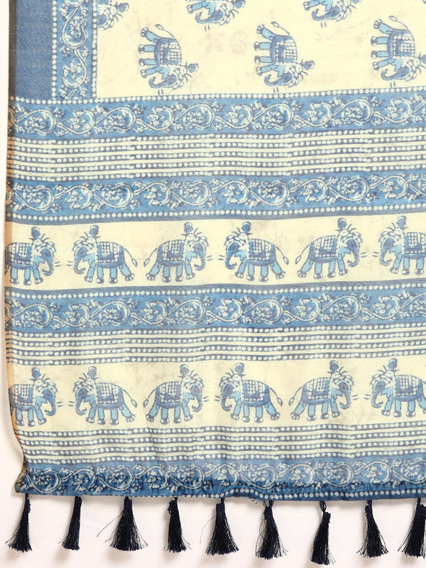 Blue Cotton Blend Printed Dabu Saree with Unstitched Blouse - Hiral Fashion