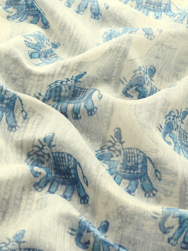 Blue Cotton Blend Printed Dabu Saree with Unstitched Blouse - Hiral Fashion