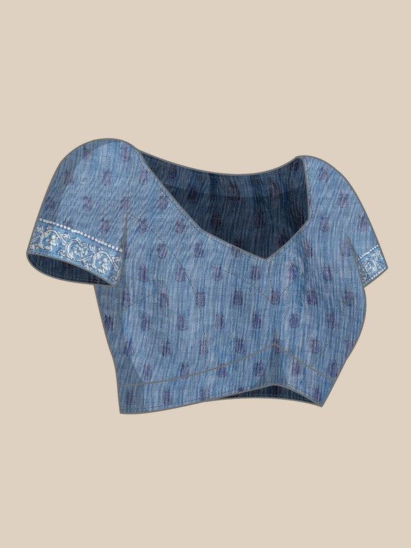 Blue Cotton Blend Printed Dabu Saree with Unstitched Blouse - Hiral Fashion
