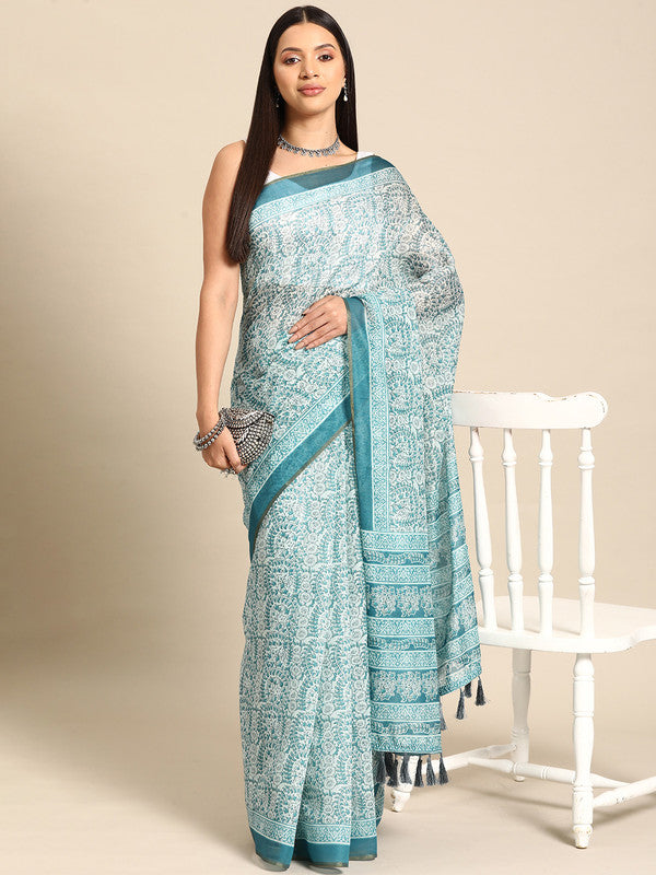 Turquoise Cotton Blend Printed Dabu Saree with Unstitched Blouse - Hiral Fashion
