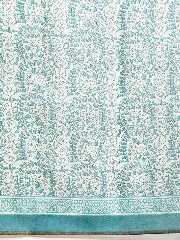 Turquoise Cotton Blend Printed Dabu Saree with Unstitched Blouse - Hiral Fashion
