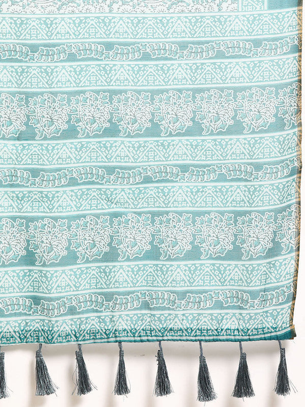 Turquoise Cotton Blend Printed Dabu Saree with Unstitched Blouse - Hiral Fashion