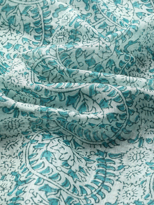 Turquoise Cotton Blend Printed Dabu Saree with Unstitched Blouse - Hiral Fashion