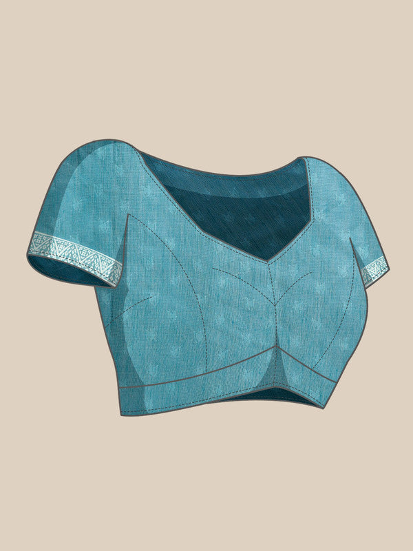 Turquoise Cotton Blend Printed Dabu Saree with Unstitched Blouse - Hiral Fashion