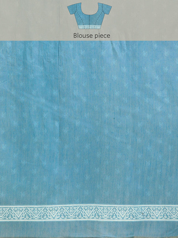 Turquoise Cotton Blend Printed Dabu Saree with Unstitched Blouse - Hiral Fashion