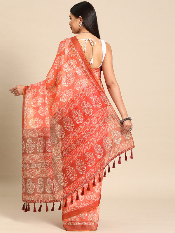 Peach Cotton Blend Printed Dabu Saree with Unstitched Blouse - Hiral Fashion