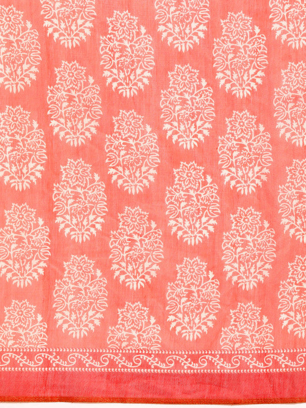 Peach Cotton Blend Printed Dabu Saree with Unstitched Blouse - Hiral Fashion