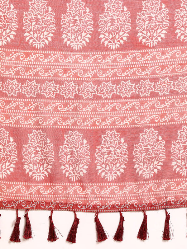 Peach Cotton Blend Printed Dabu Saree with Unstitched Blouse - Hiral Fashion