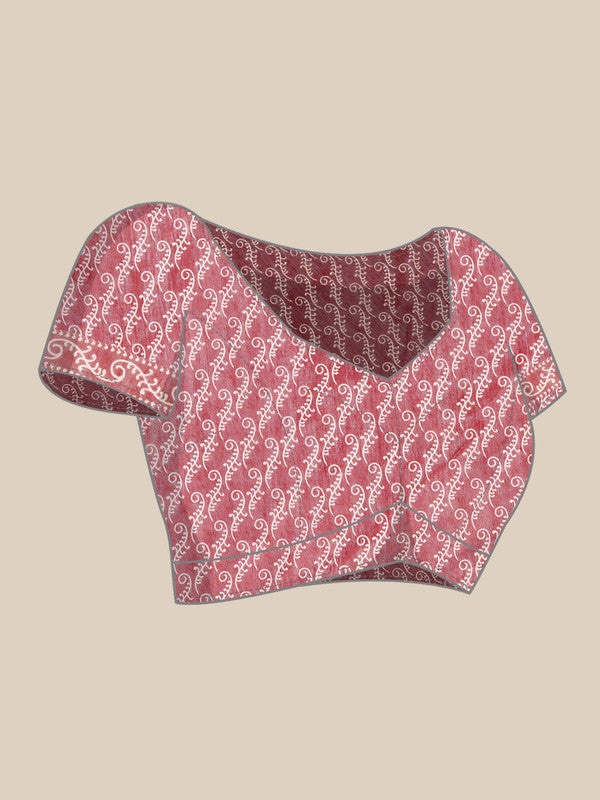 Peach Cotton Blend Printed Dabu Saree with Unstitched Blouse - Hiral Fashion