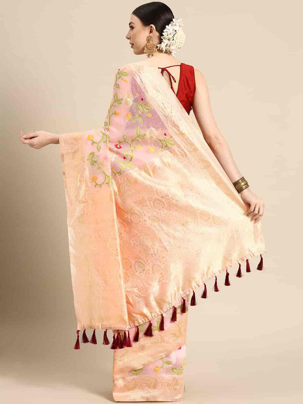 Light Pink Pure Cotton Woven Zari Design Floral Saree with Unstitched Blouse - Hiral Fashion