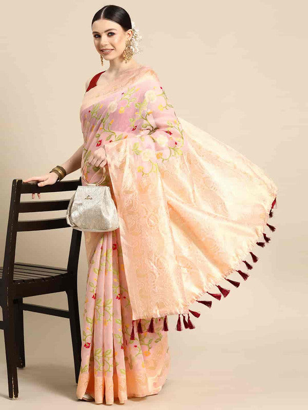 Light Pink Pure Cotton Woven Zari Design Floral Saree with Unstitched Blouse - Hiral Fashion