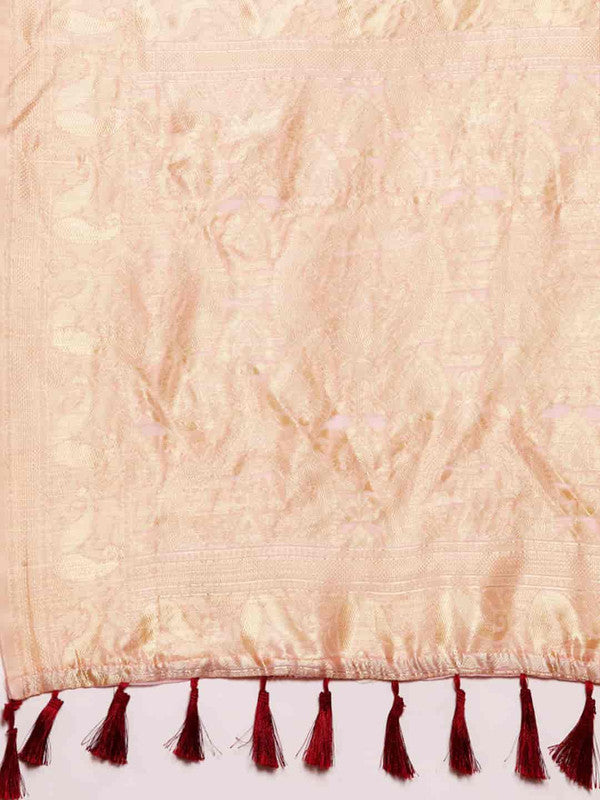 Light Pink Pure Cotton Woven Zari Design Floral Saree with Unstitched Blouse - Hiral Fashion