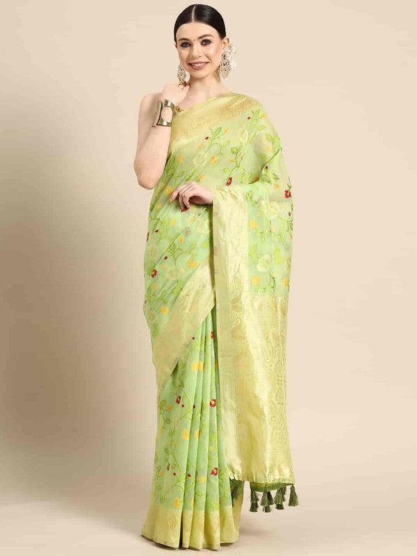 Green Pure Cotton Woven Zari Design Floral Saree with Unstitched Blouse - Hiral Fashion