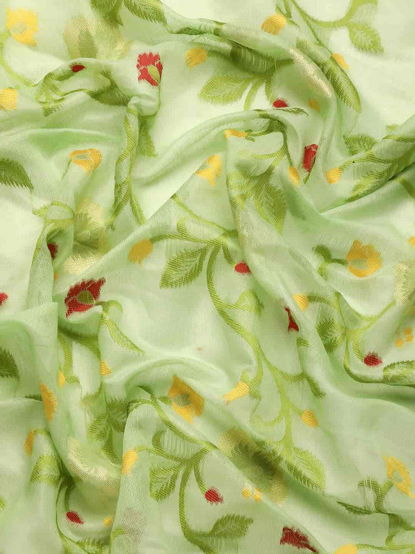 Green Pure Cotton Woven Zari Design Floral Saree with Unstitched Blouse - Hiral Fashion