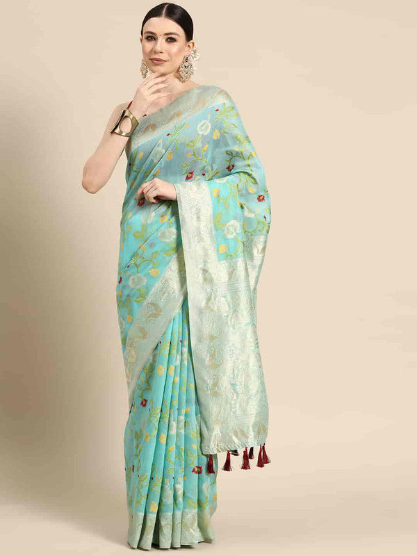 Turquoise Pure Cotton Woven Zari Design Floral Saree with Unstitched Blouse - Hiral Fashion