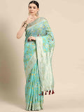 Turquoise Pure Cotton Woven Zari Design Floral Saree with Unstitched Blouse - Hiral Fashion