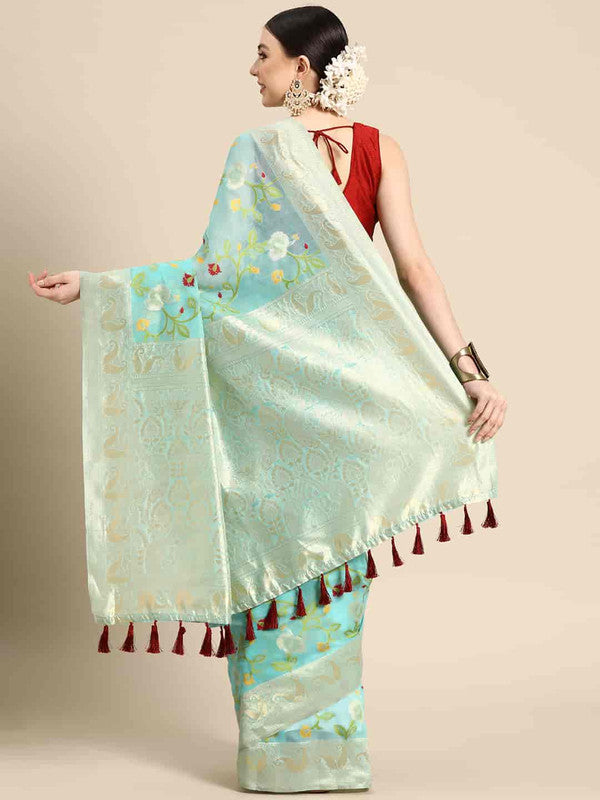 Turquoise Pure Cotton Woven Zari Design Floral Saree with Unstitched Blouse - Hiral Fashion