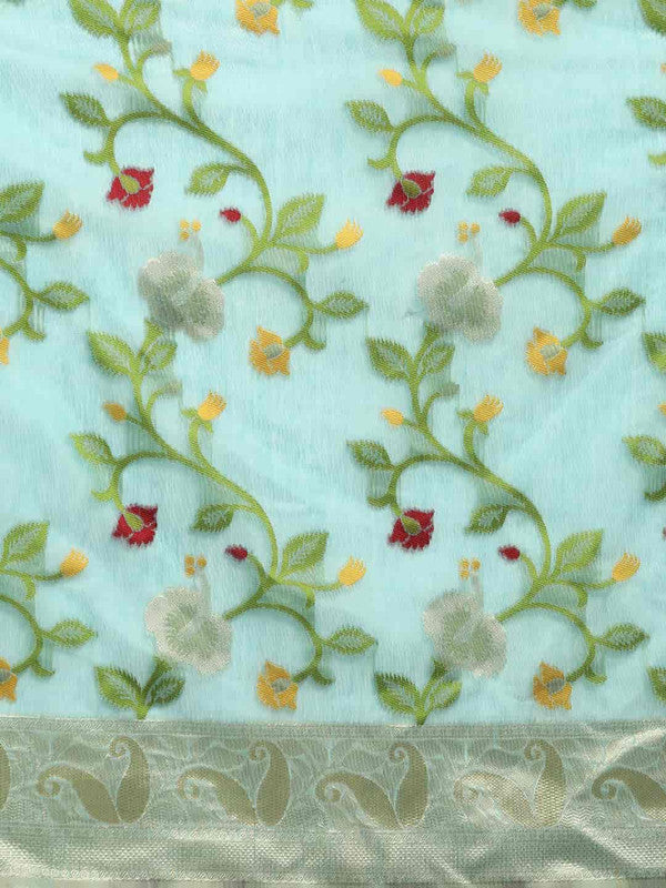 Turquoise Pure Cotton Woven Zari Design Floral Saree with Unstitched Blouse - Hiral Fashion