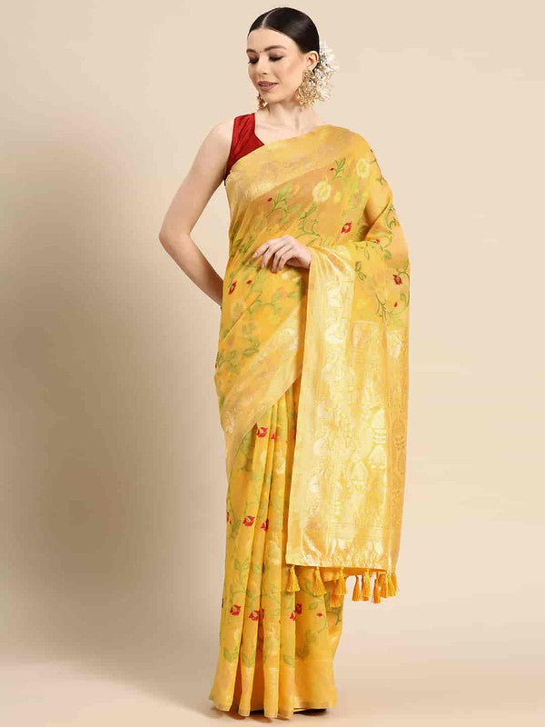 Yellow Pure Cotton Woven Zari Design Floral Saree with Unstitched Blouse - Hiral Fashion