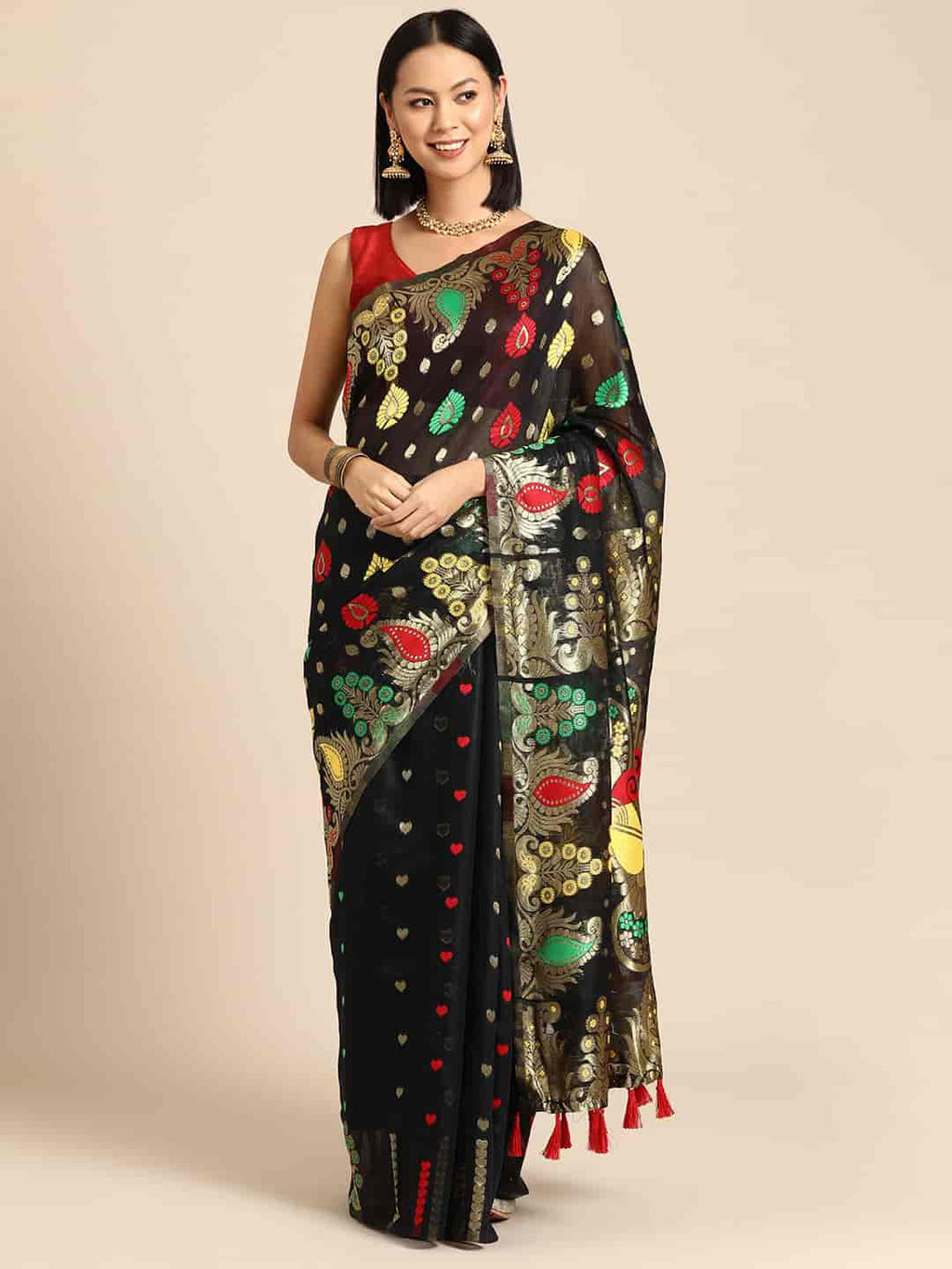 Black Pure Cotton Woven Zari Design Paisley Saree with Unstitched Blouse - Hiral Fashion