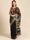 Black Pure Cotton Woven Zari Design Paisley Saree with Unstitched Blouse - Hiral Fashion