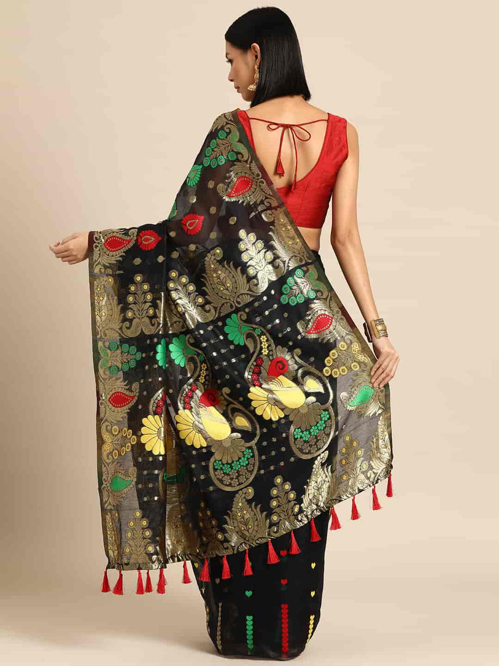 Black Pure Cotton Woven Zari Design Paisley Saree with Unstitched Blouse - Hiral Fashion