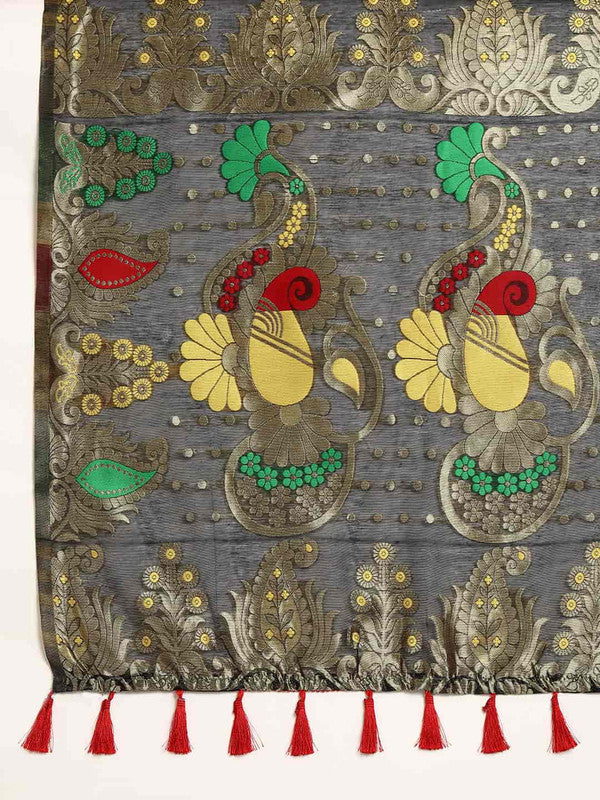 Black Pure Cotton Woven Zari Design Paisley Saree with Unstitched Blouse - Hiral Fashion