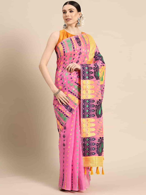 Pink Pure Cotton Woven Zari Design Paisley Saree with Unstitched Blouse - Hiral Fashion