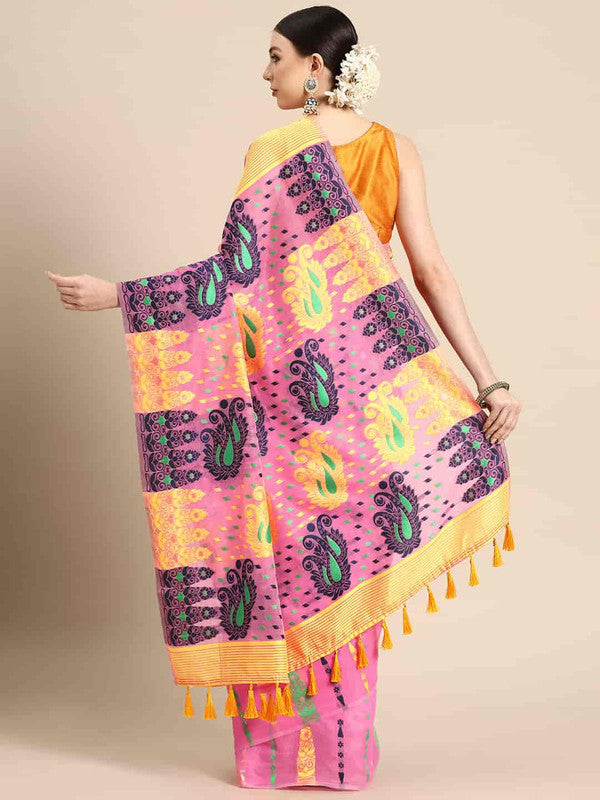 Pink Pure Cotton Woven Zari Design Paisley Saree with Unstitched Blouse - Hiral Fashion