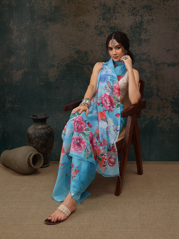 Blue Polyester Digital Print Abstract Saree with Unstitched Blouse - Hiral Fashion