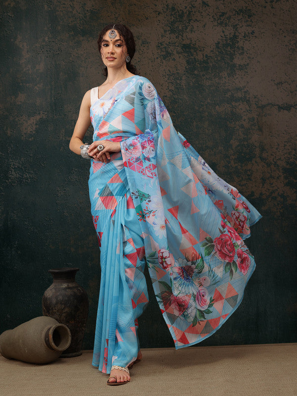 Blue Polyester Digital Print Abstract Saree with Unstitched Blouse - Hiral Fashion