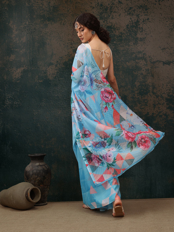 Blue Polyester Digital Print Abstract Saree with Unstitched Blouse - Hiral Fashion