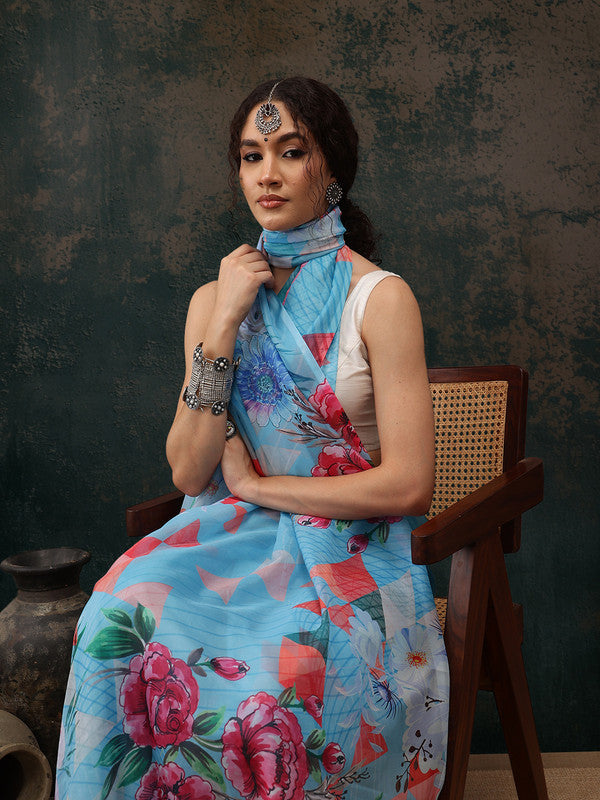 Blue Polyester Digital Print Abstract Saree with Unstitched Blouse - Hiral Fashion