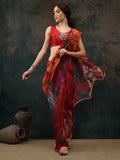 Brown Polyester Digital Print Abstract Saree with Unstitched Blouse - Hiral Fashion