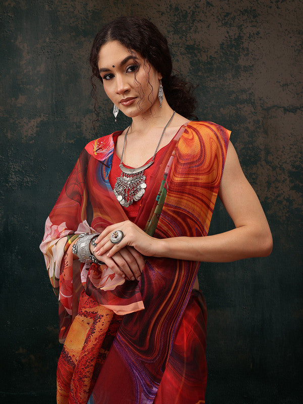Brown Polyester Digital Print Abstract Saree with Unstitched Blouse - Hiral Fashion
