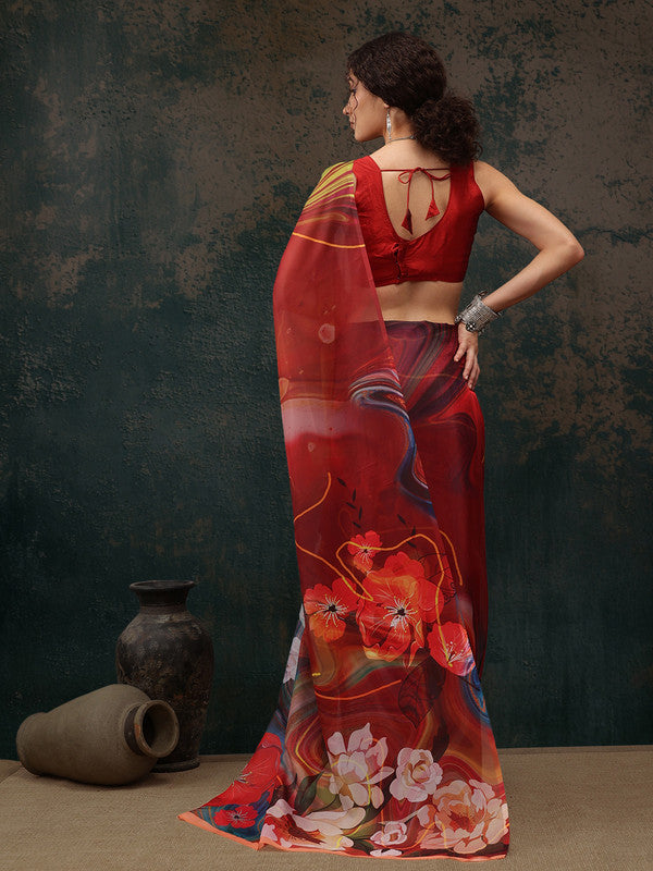 Brown Polyester Digital Print Abstract Saree with Unstitched Blouse - Hiral Fashion