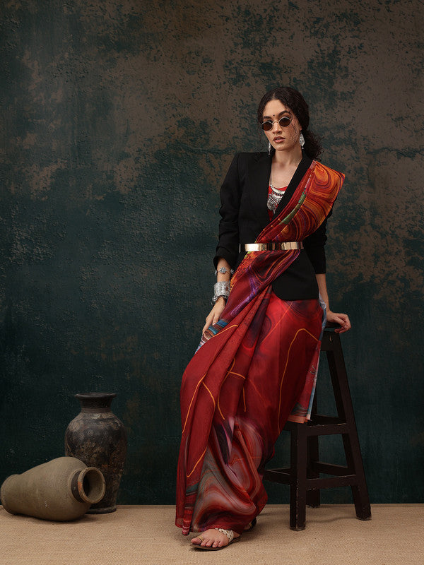 Brown Polyester Digital Print Abstract Saree with Unstitched Blouse - Hiral Fashion