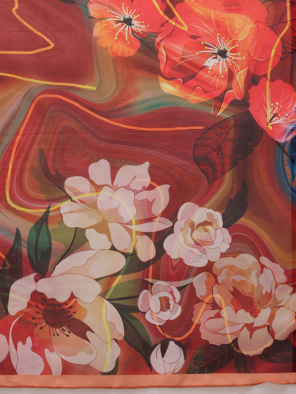 Brown Polyester Digital Print Abstract Saree with Unstitched Blouse - Hiral Fashion