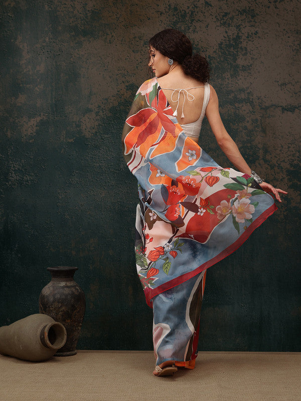 Multicolor Polyester Digital Print Abstract Saree with Unstitched Blouse - Hiral Fashion